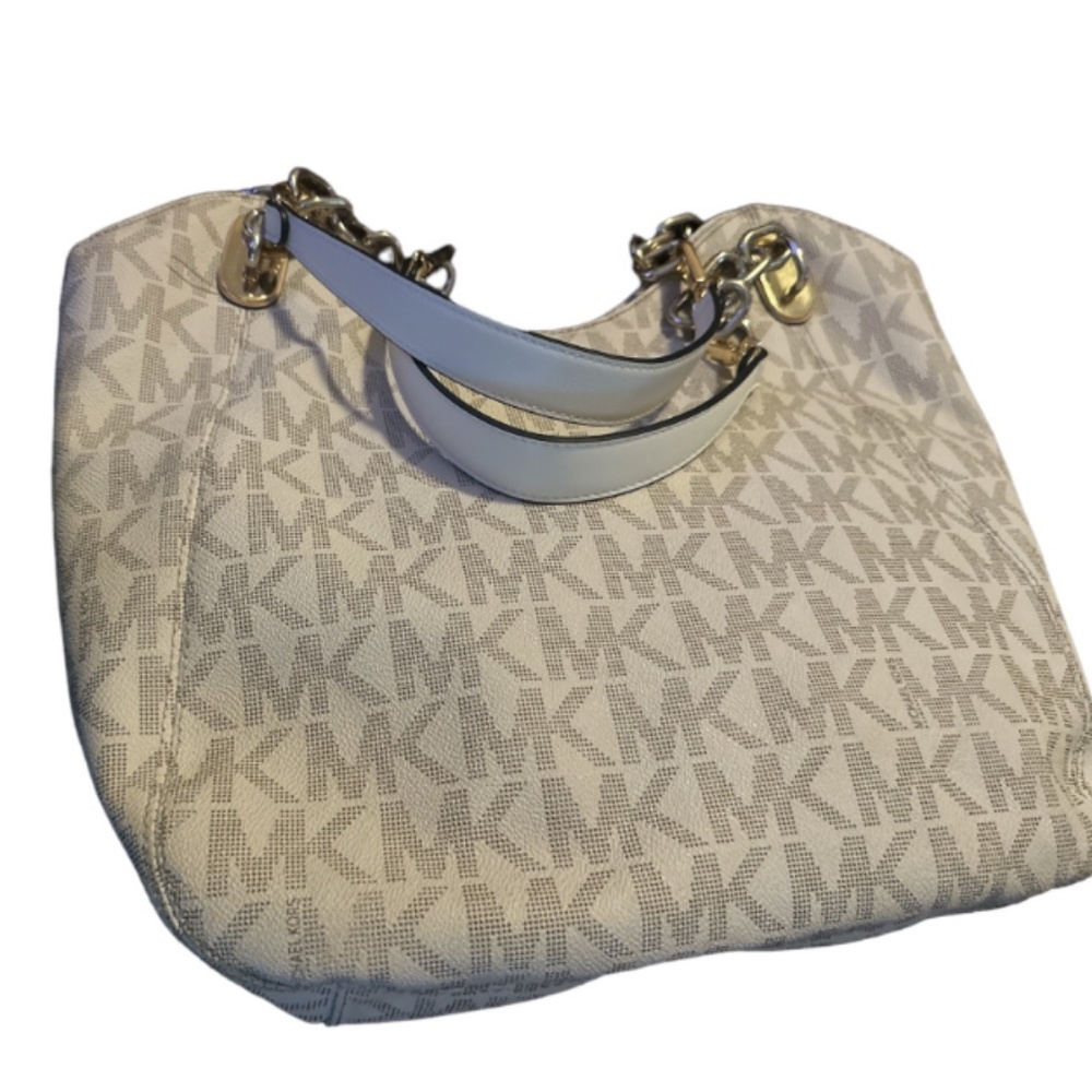 Michael Kors White Monogram Gold Chain "Lilly Tote" Shoulder Bag - Picture 4 of 13